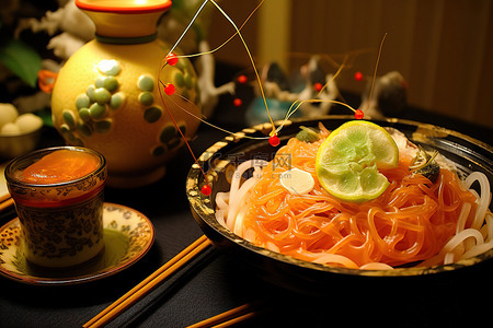 乌冬面配上酸橙，米饭摆在桌子上