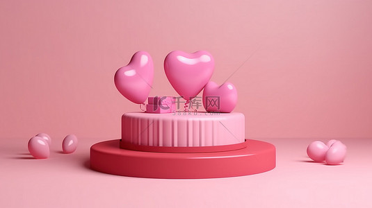 爱心礼盒爱心气球背景图片_浪漫心形讲台，配有粉色礼盒和气球展示架3D渲染