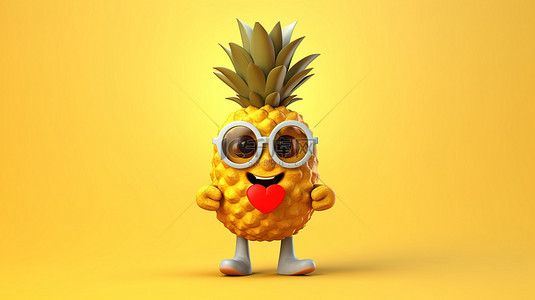 美食个人背景图片_欢快的卡通时髦菠萝人物，红心和时尚的服装，搭配充满活力的黄色背景 3D 设计