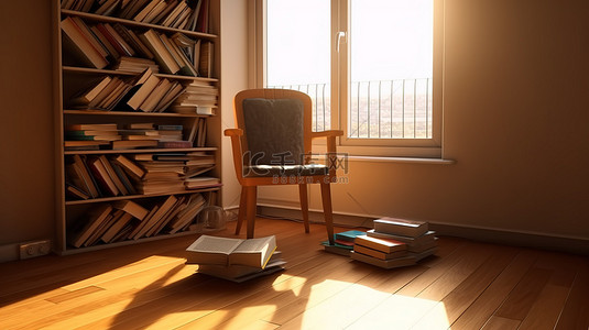 窗边椅子的 3D 渲染，书籍在无人居住的阳光照射房间中投射出引人注目的阴影