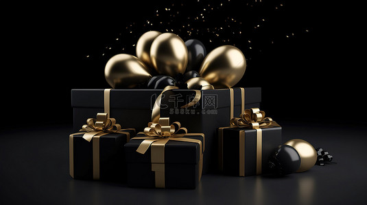 红色金色丝带背景图片_金色丝带装饰的黑色爆炸性礼品盒非常适合黑色星期五圣诞节和生日等庆祝活动