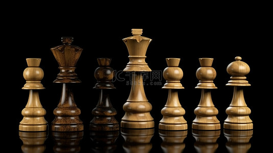 3D 团队合作黑色背景下的木制国际象棋集合
