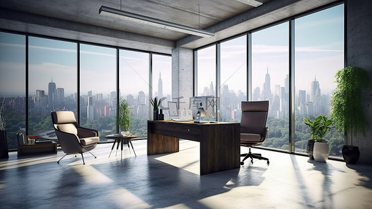 现代办公室设计具有宽敞的混凝土内部壮观的城市景观豪华家具和 3D 渲染中丰富的自然光