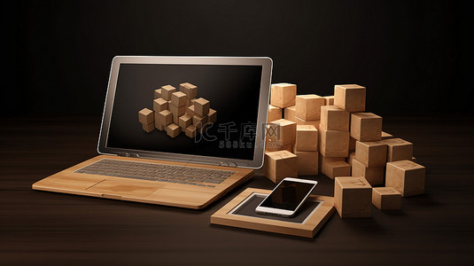 响应式网站构建器在木制立方体上用 3D 渲染设备进行说明