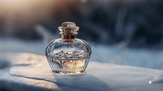 小玻璃瓶子背景图片_香水透明雪地背景