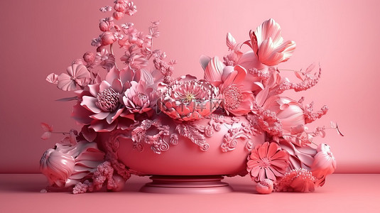 粉红色 3D 渲染背景上华丽的插花