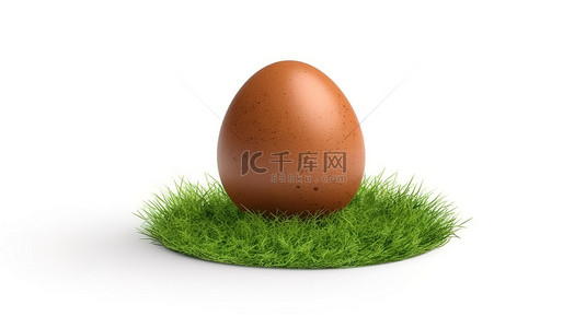 新鲜的棕色鸡蛋坐落在干净的白色背景 3D 渲染图像的草地上