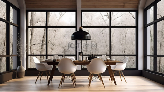 豪华晚餐背景图片_现代餐厅配有别致的椅子和桌子，配有 3D 创建的宽大窗户
