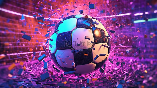 崩解的霓虹足球 3D 图像的碎片