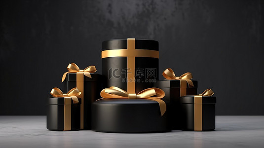 黑色星期五销售金丝带弓礼品盒和圆柱形讲台展示的 3D 渲染