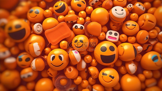 大量表情符号在橙色 3d 渲染上戴着光滑的防护面具和药丸