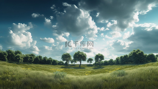 广角天空背景图片_田园诗般的乡村广角景观，郁郁葱葱的草地和高耸的树木，映衬着阴云密布的天空 3D 插图