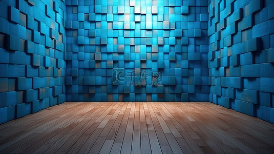 蓝色木质矩形瓷砖墙的渲染 3D 图像，带有头顶照明