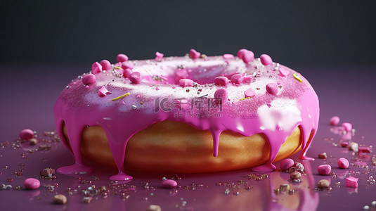 糕点美食背景图片_美味的 3D 甜甜圈，上面涂有粉红色糖霜，上面撒有糖粉