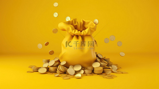 充满活力的黄色背景上的现金硬币和钱袋的 3D 渲染