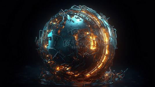3d 科幻渲染中具有混沌结构和中心发光能量的金属球体