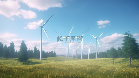 风力涡轮机高高耸立在一个美丽的绿色领域 3d 渲染
