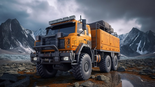 坚固的橙色卡车的 3D 插图，配备用于在偏远地区进行具有挑战性的探险