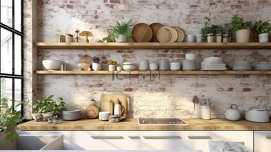整体家居背景图片_浮雕砖墙 整体大理石厨房 3D 食物准备空间