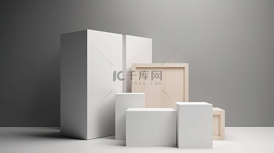 墙壁栅栏背景图片_3D 渲染中的极简主义白色木箱板位于纯灰色墙壁背景下