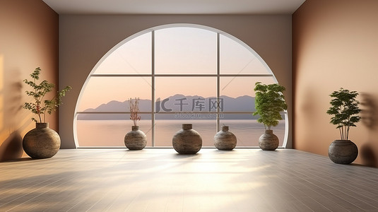3D 渲染的室内酒店空旷空间中的自然景观背景