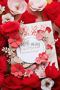 卡片红色背景图片_红色花朵，里面有邀请函和卡片