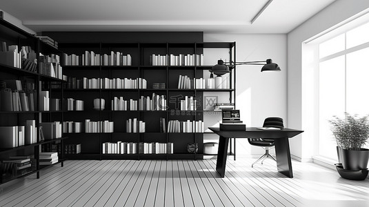 厂房背景图片_现代办公室的 3D 渲染，采用单色配色方案，配有桌面和书柜