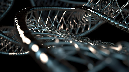 细胞医学背景图片_3D 渲染抽象背景中的金属 DNA 螺旋阐明了医学概念