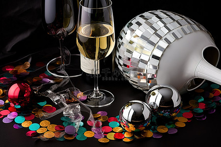 新年聚会的银盘和白瓶酒