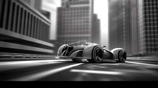 在赛车概念 3D 插图中，不存在的汽车设计在城市街道上飞驰