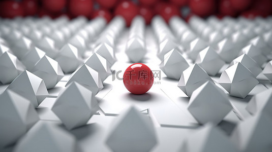红色球体领导一位领导者在商业 3D 渲染中以获胜策略领导白色八面体