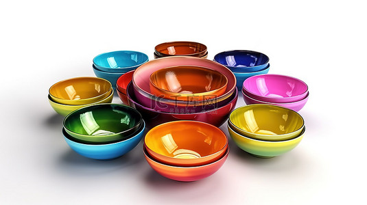 盘子白色背景背景图片_各种陶瓷碗，颜色鲜艳，在白色背景上以 3D 呈现