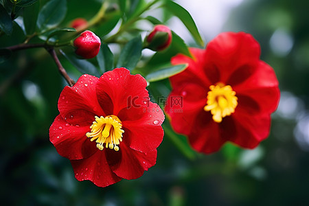 花园里盛开着两朵带有黄色萼片的红色花朵