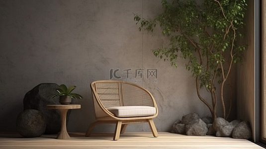 抛光石地板手工制作的绳索木扶手椅和坐角花园，3D 室内场景和框架模型插图