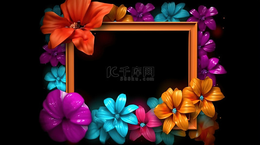 空白卡背景图片_使用 3D 渲染创建的充满活力的花卉相框