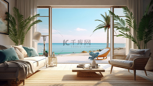 家居地板背景图片_海边宁静 3D 渲染舒适的海景家居室内
