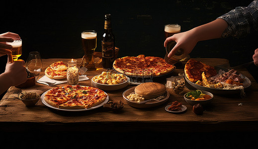 派对照片：四人坐在一张质朴的餐桌旁，享用披萨和饮料