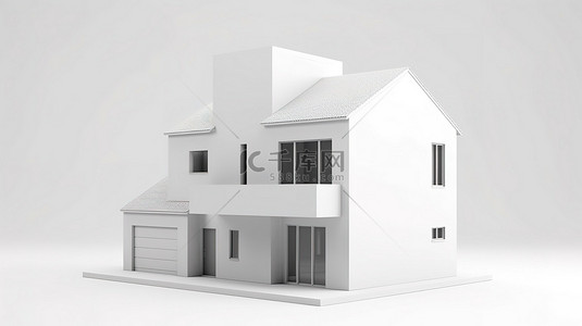 简约卡通风格隔离白色两层楼房屋 3D 渲染在平原背景上