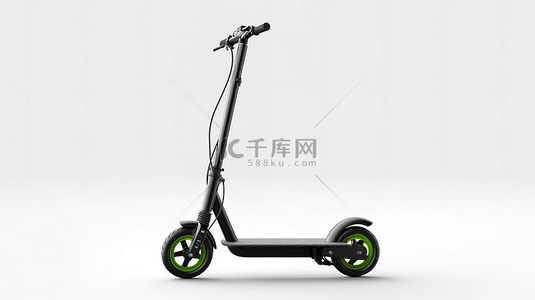 白色背景的 3D 渲染显示绿草路上生态友好的黑色电动滑板车