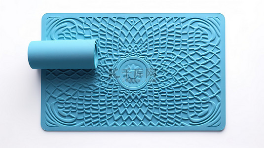 蓝色的瑜伽垫背景图片_白色背景的顶视图，带有 3D 渲染的蓝色瑜伽垫