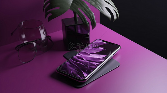 具有空白显示隔离模板的逼真 3D 渲染中的简约紫色智能手机模型
