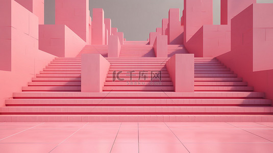 几何楼梯背景图片_通过带楼梯 3d 渲染的粉红色几何路径步行