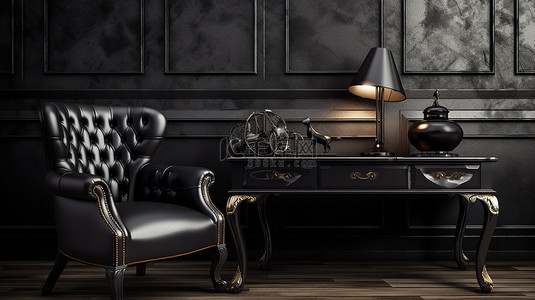 仿古风格的内饰，配有黑色漆皮办公桌和 3D 渲染的皮革扶手椅