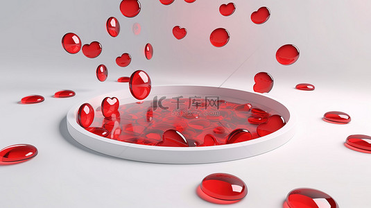 现代 3D 渲染简约情人节，红色水晶心漂浮在白色圆孔背景上，象征着爱情