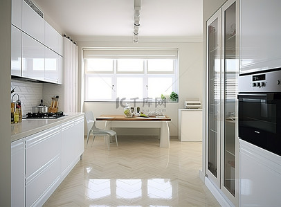冰箱电器背景图片_带玻璃门和烤箱的白色厨房
