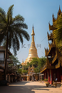 东南亚风背景图片_蓝天上有棕榈树的街道旁边的一座宝塔