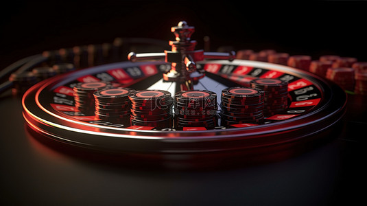 赌场令牌背景上的 3D 插图中的动态扑克筹码和轮盘赌，带有文本空间