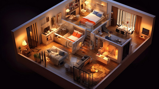 布局平面图背景图片_舒适公寓的夜间照明布局分区和 3D 渲染