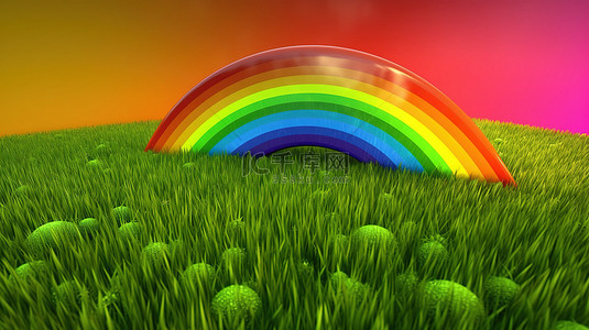 绿地卡通背景背景图片_以 3d 呈现的草地上的卡通彩虹