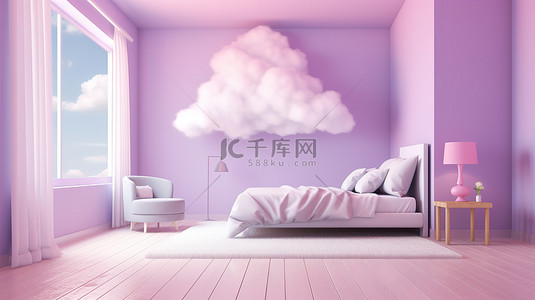 梦幻般的薰衣草室与漂浮的白云的 3D 渲染